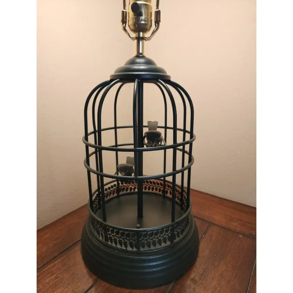 Vintage 1960s Steel Rod Hunter Green Birdcage Table Lamp 2 Stylized Birds